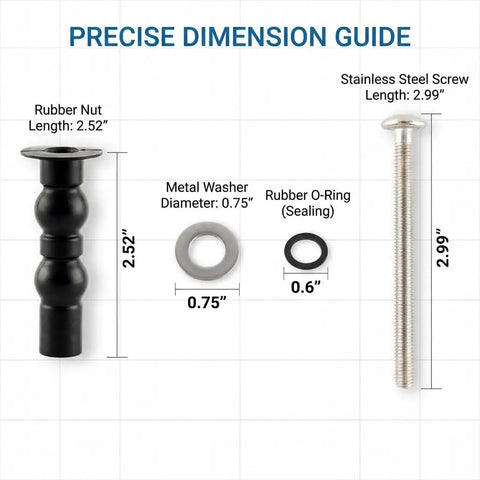 Universal Toilet Seat Bolts Replacement Kit For THU651N And Most 14-19mm Standard Seats, 4-Pack Heavy-Duty Stainless Steel Hardware, Quiet Secure Fit, Easy Install, Compatible With Kohler American Standard And More dimensions guide with bolt, rubber nut, washer, and O-ring