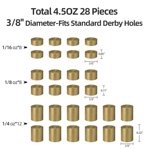 Copper Pinewood Derby Weights Kit Must Have With Three Sizes One Quarter Ounce One Eighth Ounce One Sixteenth Ounce Four Point Five Ounces Plus Graphite Powder Lubricant Anti Tarnish Coated For Derby Car Wheels And Axles showing 28 brass-colored weights in various sizes.