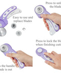 Headley Tools 45mm rotary fabric cutter in purple with 5 extra rotary blades, A3 cutting mat, quilting ruler, sewing clips.