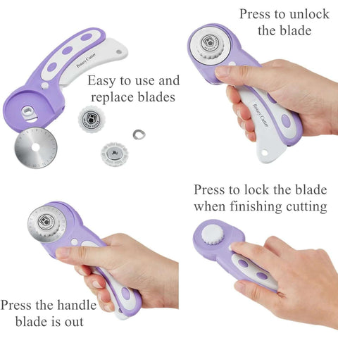 Headley Tools 45mm rotary fabric cutter in purple with 5 extra rotary blades, A3 cutting mat, quilting ruler, sewing clips.