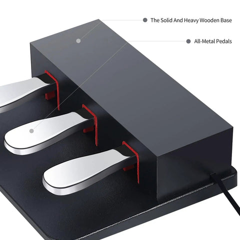 Three Pedal Keyboard Foot Pedal Unit for Digital Pianos with Soft Sostenuto and Sustain Pedals on wooden base, alloy build
