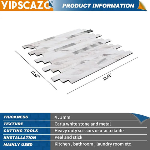 Peel And Stick Stone And Metal Tile Backsplash For Kitchen Bathroom And Fireplace 10 Sheets In Bright Carla White No Grout Needed Easy Diy Renovation With Real Look, showing dimensions and texture information.
