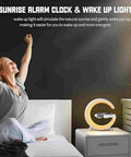 Bluetooth Speaker Lamp With Wireless Charger And App Control illuminating beside a bed with a woman stretching.