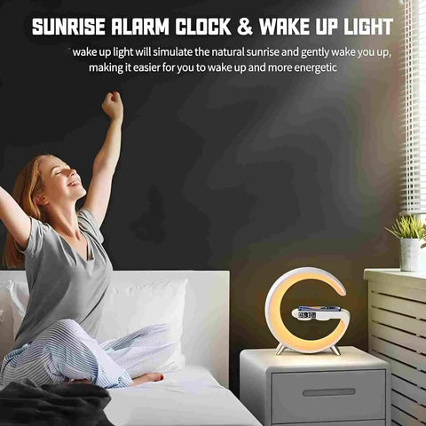 Bluetooth Speaker Lamp With Wireless Charger And App Control illuminating beside a bed with a woman stretching.