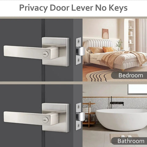 Six Pack Satin Nickel Lever Door Handles Set for Privacy Lock shown on bedroom and bathroom doors