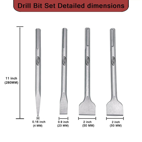 4 Piece 11 Inch SDS Max Chisel Set for rotary hammer demolition with flat, point, scraping, and angled chisels visible with measurements.