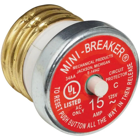 Workhorse 15A 125V Time Delay Mini Breaker For Edison Base Plug Fuse Replacement In Residential Panels close-up side view.