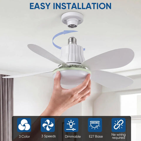 XIGUCUCN Socket Fan Light with Remote,20.5" Screw in Ceiling Fan Lights installation showing hand holding fan with E27 base.