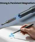Close-up of magnetic tip and hand using 25 In 1 Magnetic Precision Screwdriver Set For Phones Laptops PCs PS5 Controllers Switches Watches Glasses