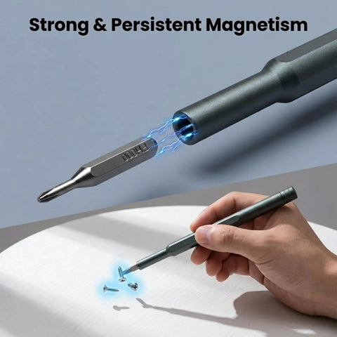 Close-up of magnetic tip and hand using 25 In 1 Magnetic Precision Screwdriver Set For Phones Laptops PCs PS5 Controllers Switches Watches Glasses