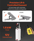 Heavy Duty Hydraulic Dump Lift Kit for Trailers and Trucks, 22,000 Lb Capacity, 10 Ton Max Load, 12V Hydraulic Pump shown with control system.