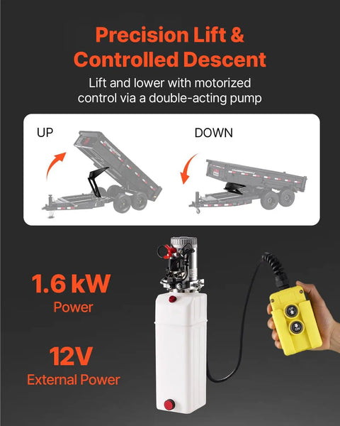 Heavy Duty Hydraulic Dump Lift Kit for Trailers and Trucks, 22,000 Lb Capacity, 10 Ton Max Load, 12V Hydraulic Pump shown with control system.