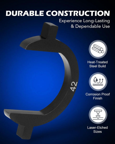 Front view of Orion Motor Tech inner tie rod removal tool; black steel curved ring with laser-etched size marks.
