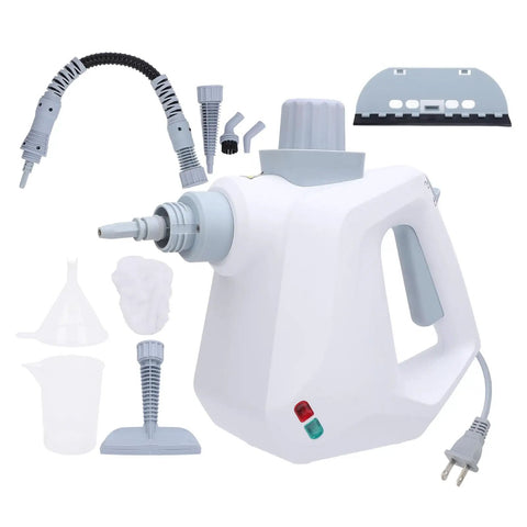 Powerful 1000W Handheld Steam Cleaner Straight Up Ditches Grease And Grime From Kitchens Cars And Bathrooms with various attachments.