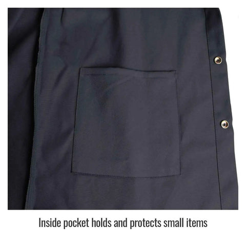 9 Oz Flame-Resistant Cotton Welding Jacket inside pocket detail, Large, Black, Model FBK9-30C, arc flash protection.