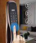 Close-up of Game Changing Smart Door Lock With Biometric Fingerprint App Control Keyless Entry showing touchscreen and keypad access.