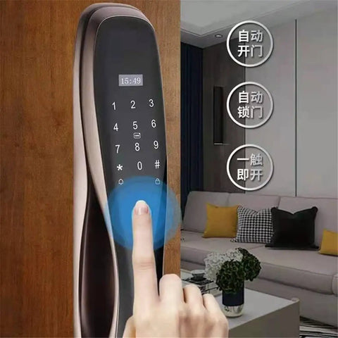 Close-up of Game Changing Smart Door Lock With Biometric Fingerprint App Control Keyless Entry showing touchscreen and keypad access.