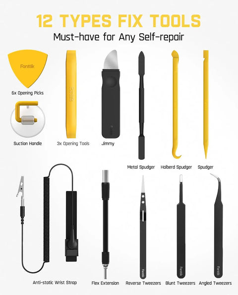 12 precision tools for Electric Screwdriver Kit With 64 Magnetic Bits, including spudgers, tweezers, wrist strap, and more for electronics repair.