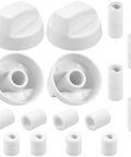 Rock Solid Universal White Oven Control Knobs 4 Pack With 12 Adapters, sturdy white ABS handles for gas and electric stoves.