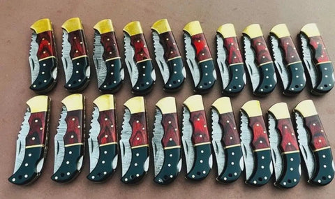 Handmade Folding Knife Set With Wood Handles, Collectible Wholesale Lot Of 20 for hunting and camping on display
