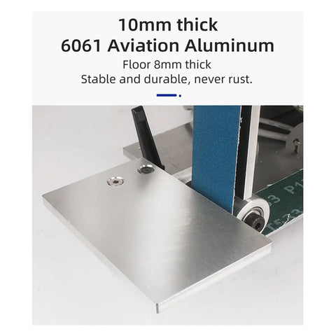 Close-up of 10mm thick 6061 aviation aluminum base on Compact Workhorse 1500W Brushless Belt Sander, Mini Electric Grinder.