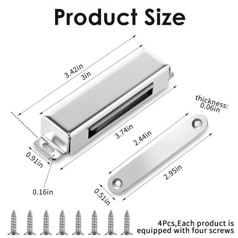 Dimensions of 4 Pack 150Lb Heavy Duty Magnetic Door Catches for Cabinets, 3.74 inch stainless steel with screws visible