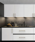 Modern kitchen with white cabinets featuring 10 Pack 5 Inch Vintage Antique Brass Cabinet Pulls for kitchen cabinets and dressers.
