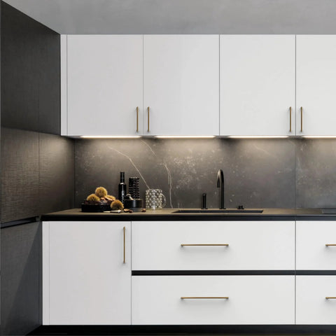 Modern kitchen with white cabinets featuring 10 Pack 5 Inch Vintage Antique Brass Cabinet Pulls for kitchen cabinets and dressers.