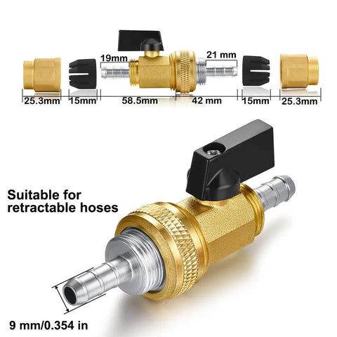 Expandable Hose Repair Kit With 0.353-Inch Hose Barb GHT Adapters Two Brass Shutoff Valves Clamps Washers And Teflon Tape For Quick Leak Fixes And DIY Friendly Install showing brass valve and measurements.