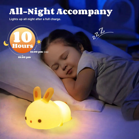 Kitty Night Light USB Rechargeable With Touch Sensor And Remote Control 16 Color Multicolor Kitty Light for Kids beside sleeping child in dark room.
