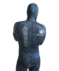2mm Hooded Wetsuit 2-Piece Nylon Camouflage Blue For Spearfishing And Freediving, back view of size 2XL suit