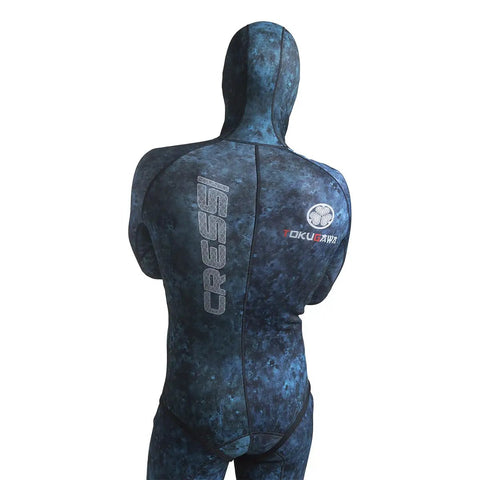 2mm Hooded Wetsuit 2-Piece Nylon Camouflage Blue For Spearfishing And Freediving, back view of size 2XL suit