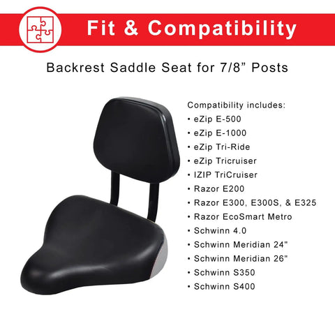 Backrest Comfort Bike Saddle For Exercise Bike And E Bike With Lumbar Support Great For Stationary Bikes Beach Cruisers Mountain Bikes And Adult Trikes Fits Seven Eighths Inch Seat Posts Ten By Eleven Inches, black vinyl backrest saddle