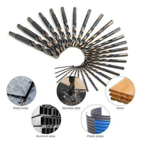 High Speed Steel Drill Bit Set With Five Percent Cobalt 29 Pieces Black And Gold Finish 135 Degree Split Point For Hardened Steel