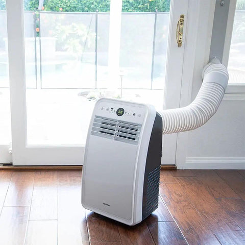 Portable Air Conditioner Window Vent Kit With Adjustable Window Seal And 5.9 Inch Exhaust Hose, 59 Inch Length, installed on sliding door