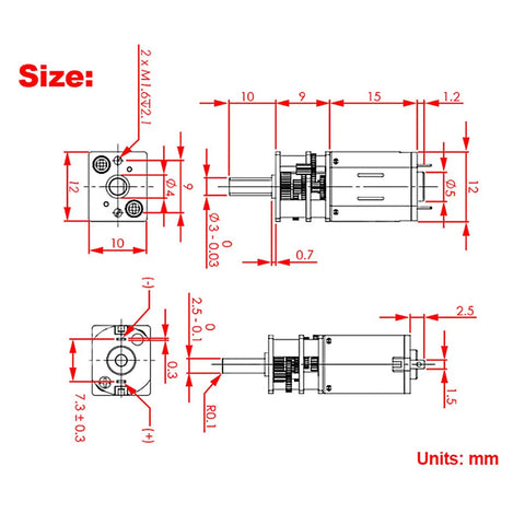 Technical diagram of Two Pack 6V DC 100 RPM N20 Gear Motor High Torque Micro Geared Motor For Diy Projects And Robotics