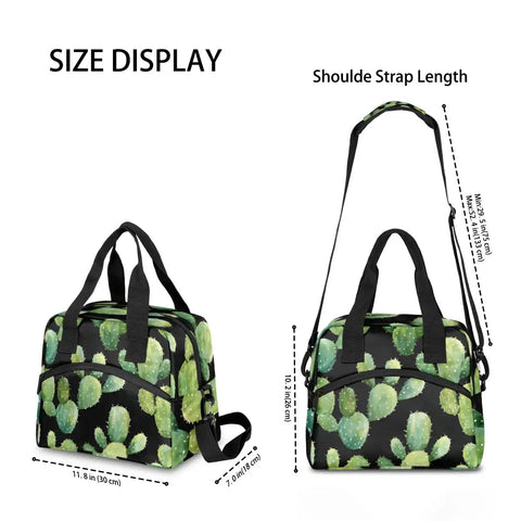 Size display of Green Desert Cacti Insulated Lunch Bag For Work And Travel, large capacity with adjustable strap and cactus pattern.
