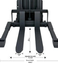 Heavy Duty Semi Electric Pallet Stacker With Straddle Legs And Adjustable Forks, showing adjustable forks measurement details.