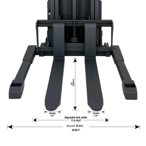 Heavy Duty Semi Electric Pallet Stacker With Straddle Legs And Adjustable Forks, showing adjustable forks measurement details.