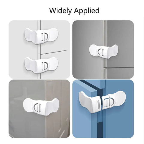 10 Pack Child Safety Drawer Locks with Strong Adhesive Tool Free Installation for various cabinets and drawers shown on different surfaces