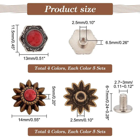 Product size details for 40 Piece Coin Screw Rivets And Decorative Buckles Featuring Eight Killer Sunflower Castings.