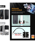 Built Tough As Nails Waterproof Biometric Smart Deadbolt Door Lock With Dual WiFi And Bluetooth Keyless Entry shown in black and silver, detailing automatic lock feature.