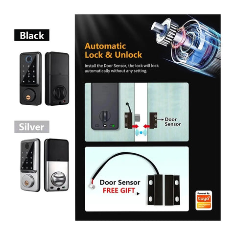 Built Tough As Nails Waterproof Biometric Smart Deadbolt Door Lock With Dual WiFi And Bluetooth Keyless Entry shown in black and silver, detailing automatic lock feature.