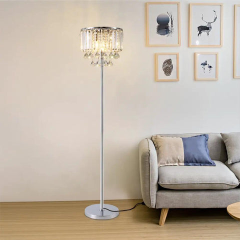 Cozy Elegant Modern Crystal Floor Lamp With Chrome Finish, 59 Inch Tall, Three Lights Lit Crystal Column Lamp For Living Room, Bedroom Or Office, Handpicked Crystal, High Light Transmittance, Easy Assembly