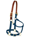 Premium Nylon Adjustable Breakaway Horse Halter built tough with heavy duty brass hardware, navy color, leather crown, 1 inch wide