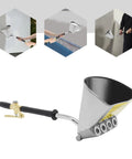 Heavy Duty Four Jet Pneumatic Cement Stucco Sprayer Gun With Upward Angle Nozzle and Air Powered Mortar Hopper close-up view.
