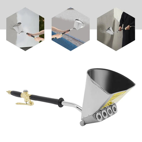 Heavy Duty Four Jet Pneumatic Cement Stucco Sprayer Gun With Upward Angle Nozzle and Air Powered Mortar Hopper close-up view.