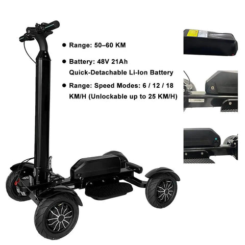 Foldable Electric Golf Scooter With Comfortable Seat And Umbrella Holder Powered By 2400W Dual Brushless Motors And Sweet 48V Battery showcasing battery details and speed modes.