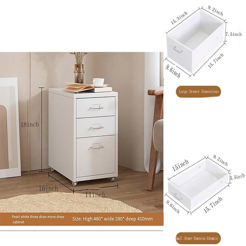 Locking Metal Filing Cabinet On Wheels With Vertical Storage in white with drawer dimensions shown