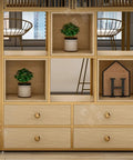 Six Layer Rustic Wood Bookshelf Set Designed For A Fresh Setup With Sturdy Standing Storage Shelves featuring open compartments and drawers.